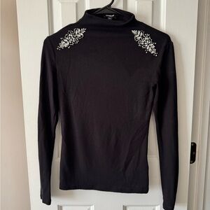 Express Black Mock Neck Long Sleeve Top with Crystal Shoulder Embellishments